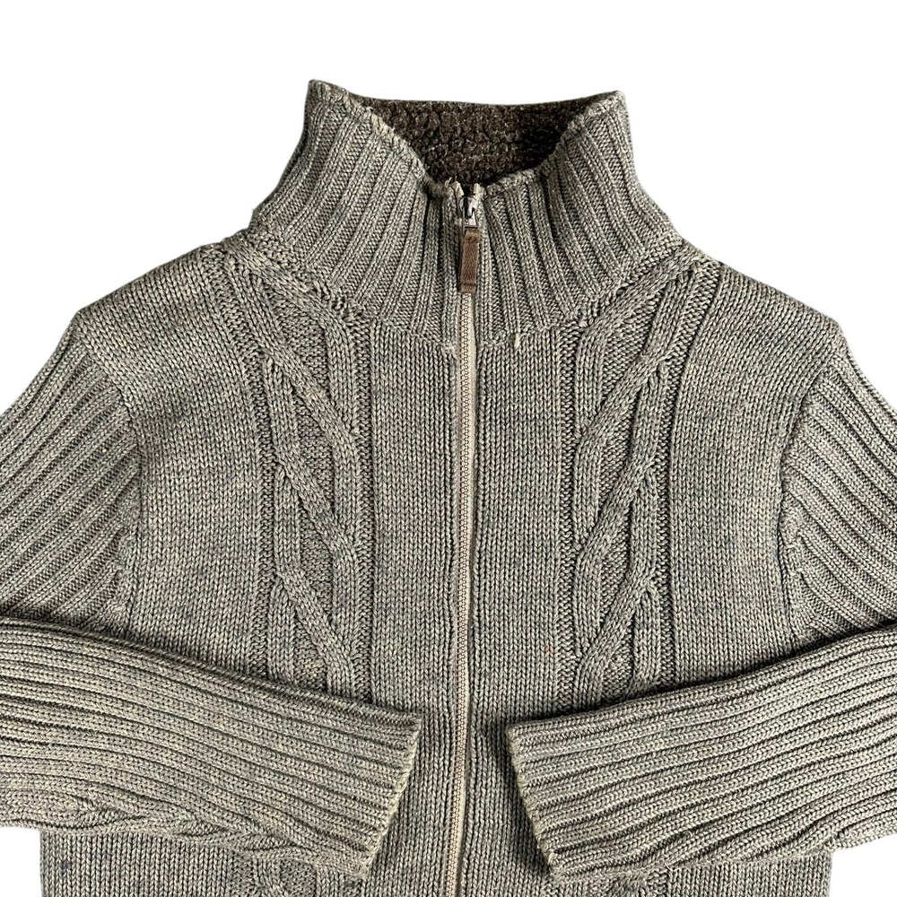 American Blue Mens Medium Full Zip‎ Cable Knit Sweater Mock Neck Tan Gray